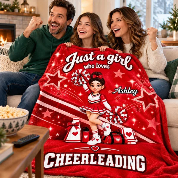 Personalized Fleece Blanket, Pink Cheerleader Raising Pom-Poms, Unique Gift for Daughter or Cheer Fan