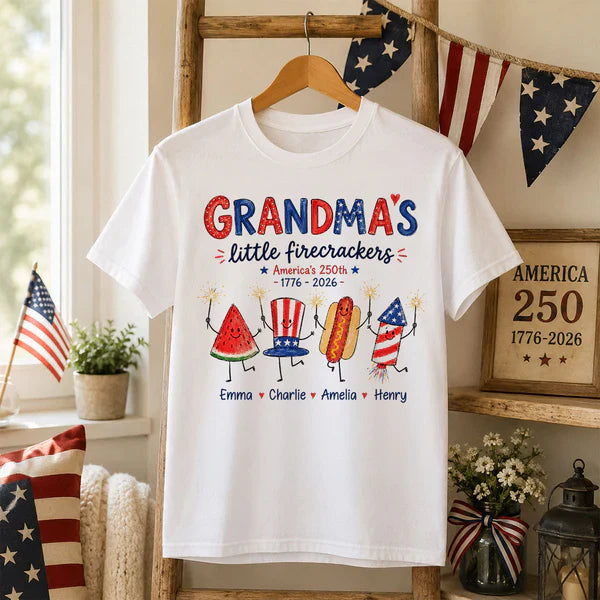 Personalized Classic Tee for Grandma, Little Firecrackers Holding Sparklers, Unique Patriotic Gift