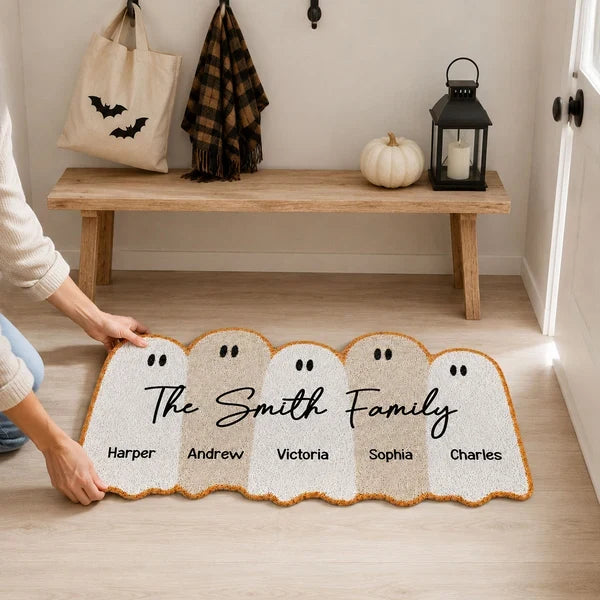 Personalized Ghost Family Shaped Doormat, Cute Halloween Entry Decor, Unique Gift for Families