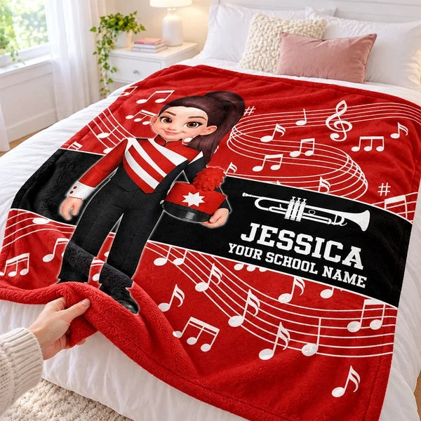 Personalized Fleece Blanket with Standing Marching Band Girl and Trumpet, Unique Gift for Music Students