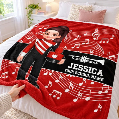 Personalized Fleece Blanket with Standing Marching Band Girl and Trumpet, Unique Gift for Music Students