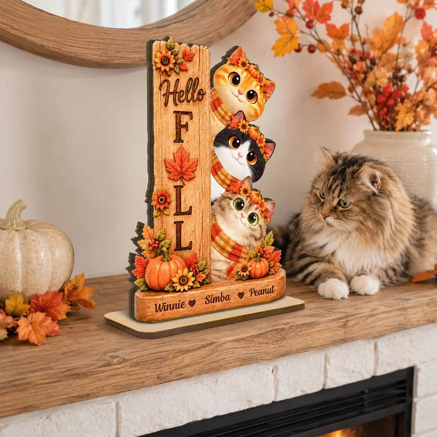 Hello Fall Wooden Plaque, Peeking Cartoon Cats and Autumn Leaves, Personalized Keepsake and Creative Gift for Pet Owners