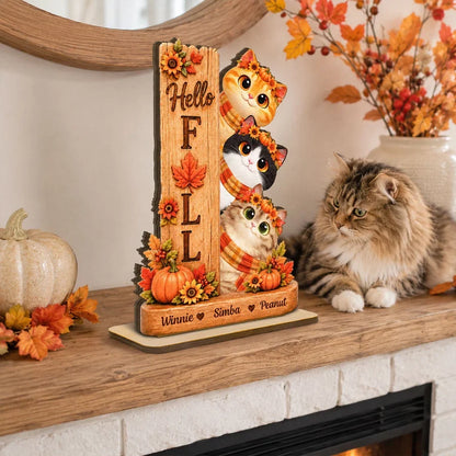 Hello Fall Wooden Plaque, Peeking Cartoon Cats and Autumn Leaves, Personalized Keepsake and Creative Gift for Pet Owners