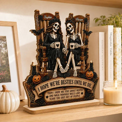 Personalized 2-Layer Wooden Plaque, Seated Skeleton Besties Holding Mugs, Unique Gift for Close Friend