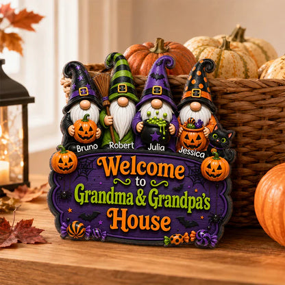 Personalized Wooden Sign With Halloween Gnomes & Pumpkins, Custom Door Decor, Unique Gift for Grandparents