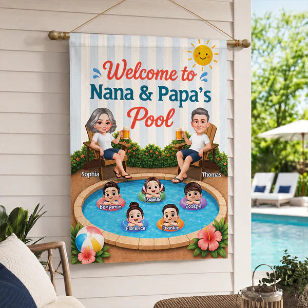 Personalized Garden Flag, Nana & Papa Pool Welcome Design with Grandkids, Unique Gift