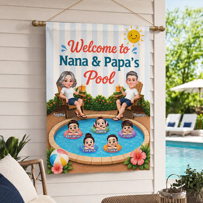 Personalized Garden Flag, Nana & Papa Pool Welcome Design with Grandkids, Unique Gift