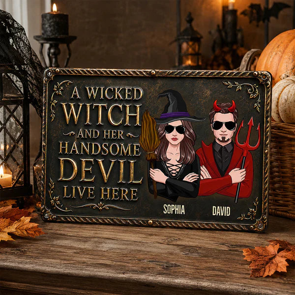 Personalized Rectangular Iron Sign, Wicked Witch & Devil Porch Decor, Unique Gift for Couples