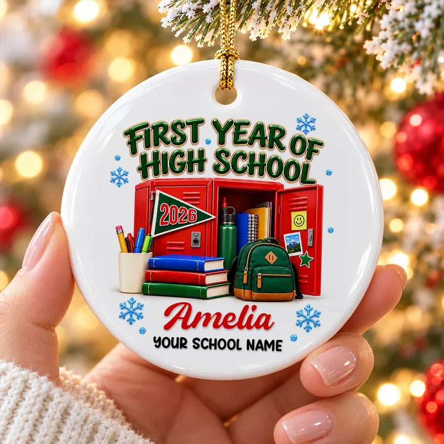 Personalized Ceramic Ornament, First Year of High School with Colorful Lockers, Unique Gift for Students