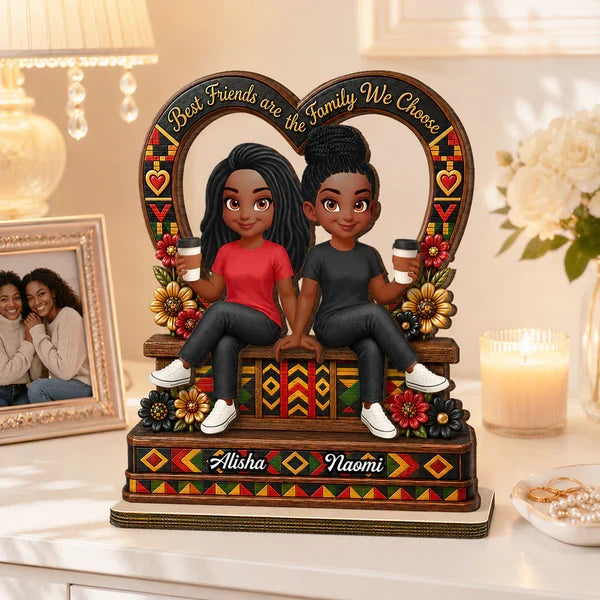 Personalized 2-Layer Wooden Plaque with Sitting Friends & Coffee, Unique Creative Gift for Friend