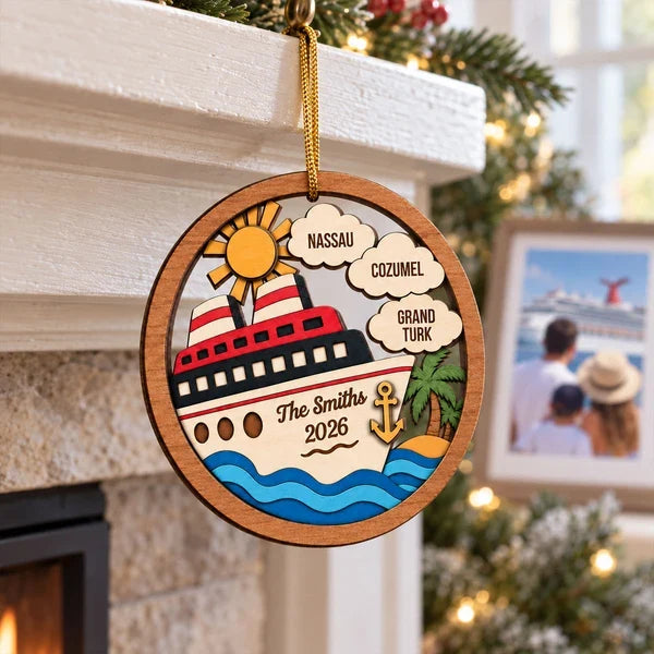 Personalized Family Cruise 2-Layer Wooden Ornament, Tropical Travel Memory, Creative Gift for Travelers