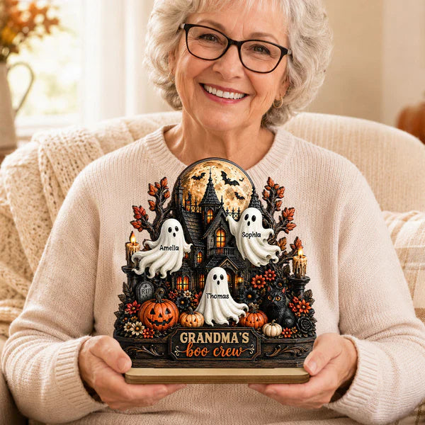 Personalized 2-Layer Wooden Plaque, Grandma's Boo Crew Halloween Decor, Unique Gift for Grandma