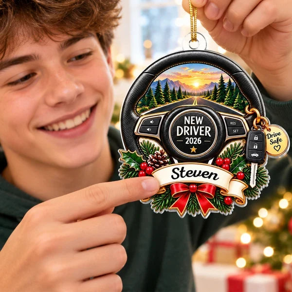 Personalized Acrylic Ornament, New Driver Steering Wheel on a Sunset Mountain Road, Unique Gift
