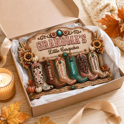 Personalized 2-Layer Wooden Plaque with Western Boots, Unique Gift for Grandma's Little Cowpokes