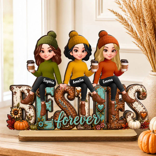 Unique Personalized 2-Layer Wooden Plaque, Cozy Fall Besties Forever Gift for Friends Holding Coffee
