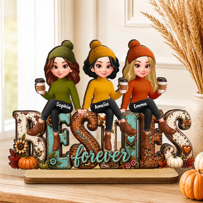 Unique Personalized 2-Layer Wooden Plaque, Cozy Fall Besties Forever Gift for Friends Holding Coffee
