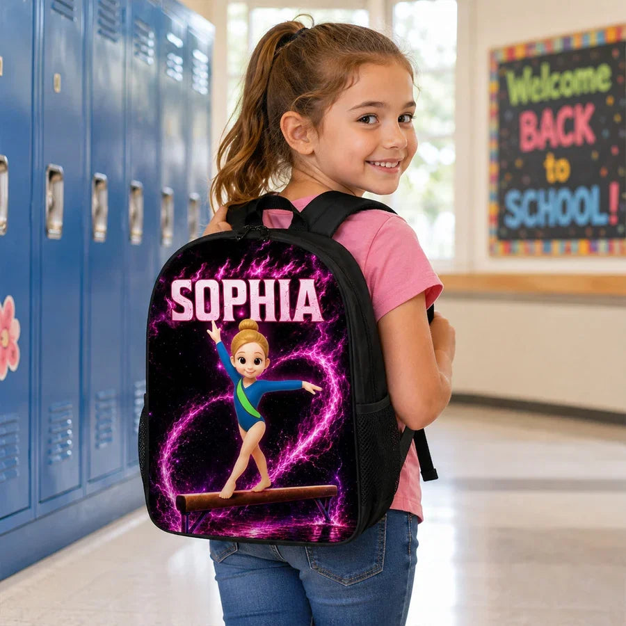 Kids School Backpack with Neon Gymnast Art, Unique Creative Gift to Cheer Daughter & Granddaughter