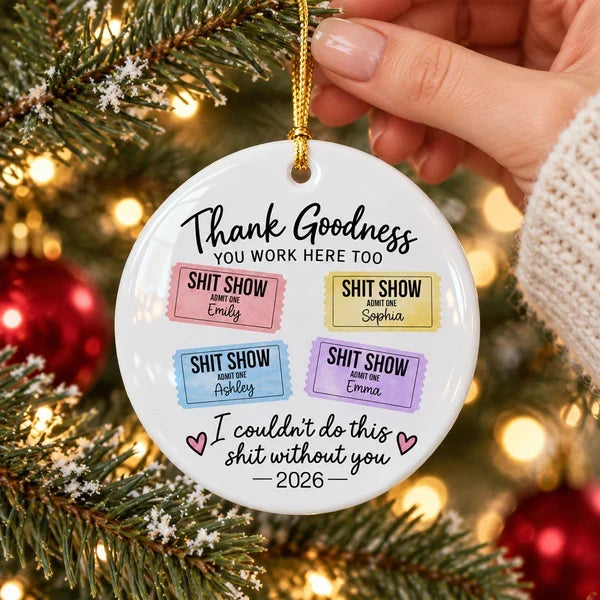 Personalized Ceramic Ornament with Colorful Office Tickets, Hanging Christmas Tree Decor, Unique Coworker Gift