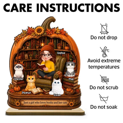 Personalized 2-Layer Wooden Plaque, Reading Girl with Cats in an Autumn Library, Unique Gift for Book Lovers