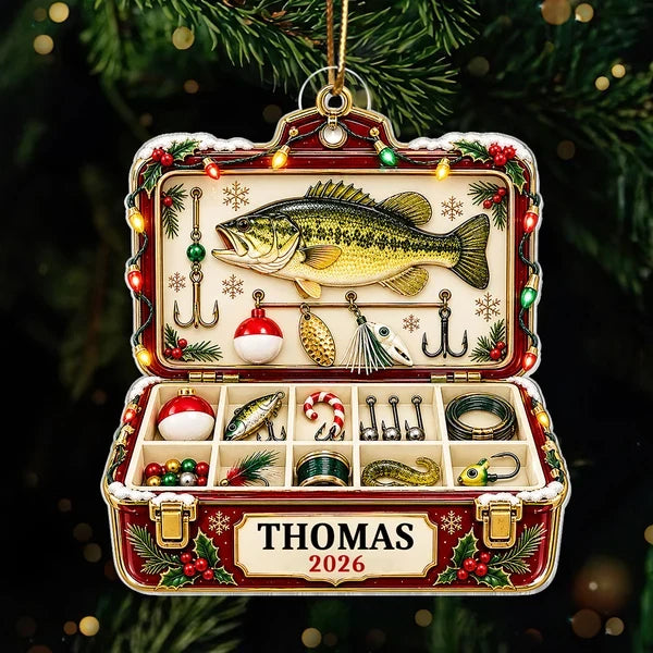 Fishing Tackle Box Ornament, Personalized Bass & Lure Keepsake, Creative Christmas Gift for Husband or Angler