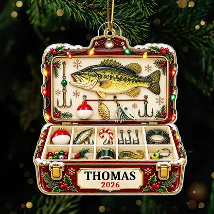 Fishing Tackle Box Ornament, Personalized Bass & Lure Keepsake, Creative Christmas Gift for Husband or Angler