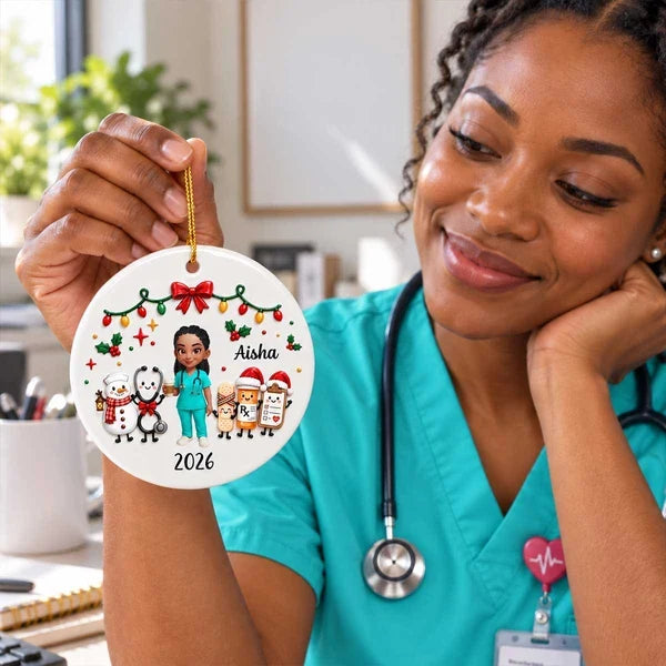 Personalized Ceramic Ornament with Nurse Holding Coffee and Medical Icons, Unique Creative Gift for Nurses