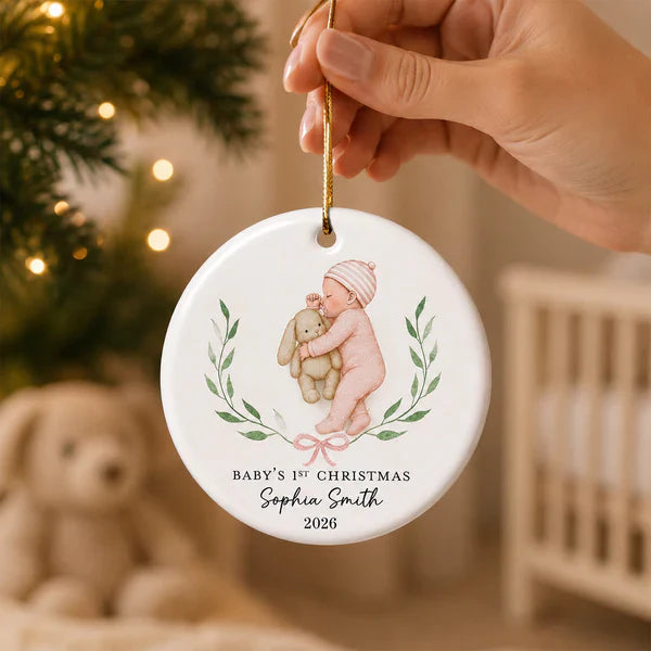 Personalized Ceramic Ornament, Baby's First Christmas Sleeping Baby, Unique Gift for New Parents
