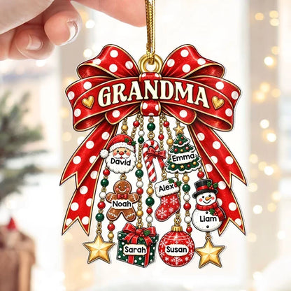 Personalized Acrylic Ornament with Red Bow and Festive Charms, Unique Christmas Gift for Grandma
