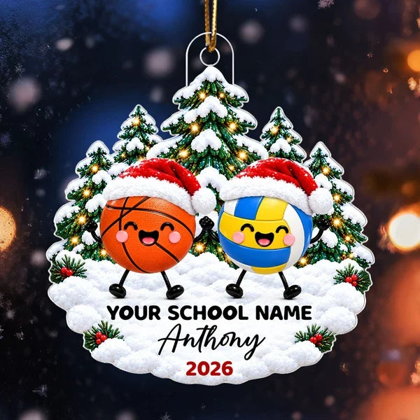 Personalized Acrylic Ornament, Cute Sports Balls in Santa Hats, Christmas Tree Decor, Unique Gift for Kids