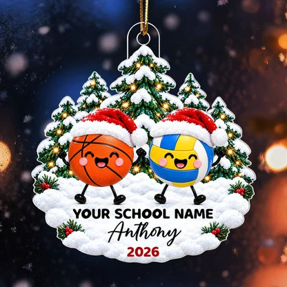 Personalized Acrylic Ornament, Cute Sports Balls in Santa Hats, Christmas Tree Decor, Unique Gift for Kids