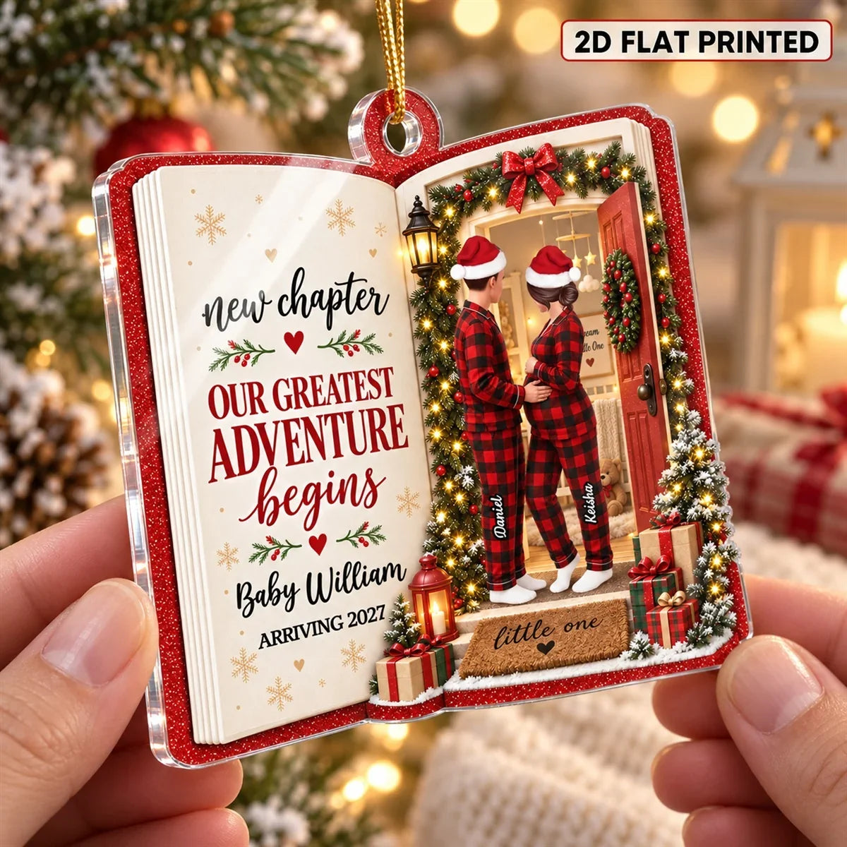 Personalized Acrylic Ornament, New Chapter Couple Cradling Baby Bump in Christmas Scene, Creative Gift for New Parents