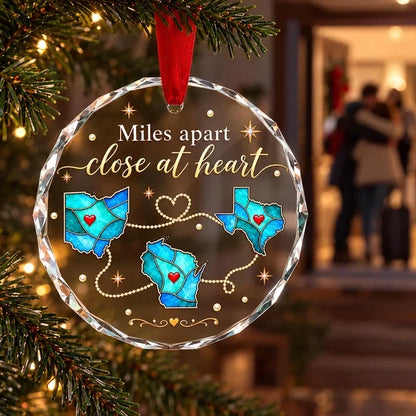 Personalized Crystal Ornament with Blue State Maps, Unique Christmas Tree Gift for Faraway Family & Friends