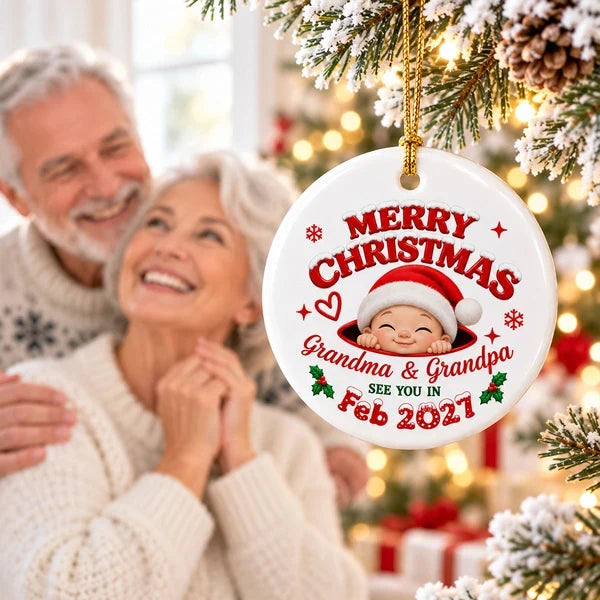 Personalized Ceramic Ornament, Merry Christmas Baby Announcement, Creative Gift for Expecting Grandparents