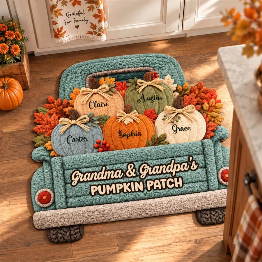Personalized Shaped Doormat, Autumn Pumpkin Truck Decor, Unique Gift for Grandma and Grandpa