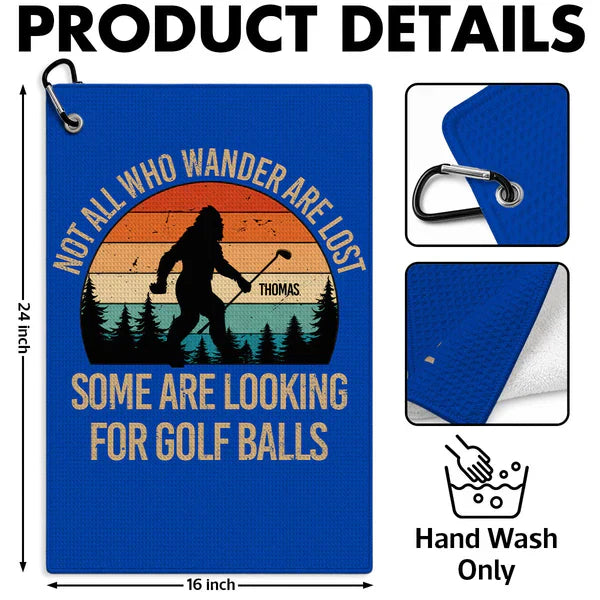 Personalized Waffle Weave Golf Towel with Bigfoot on the Course, Unique Gift for Dad or Grandpa