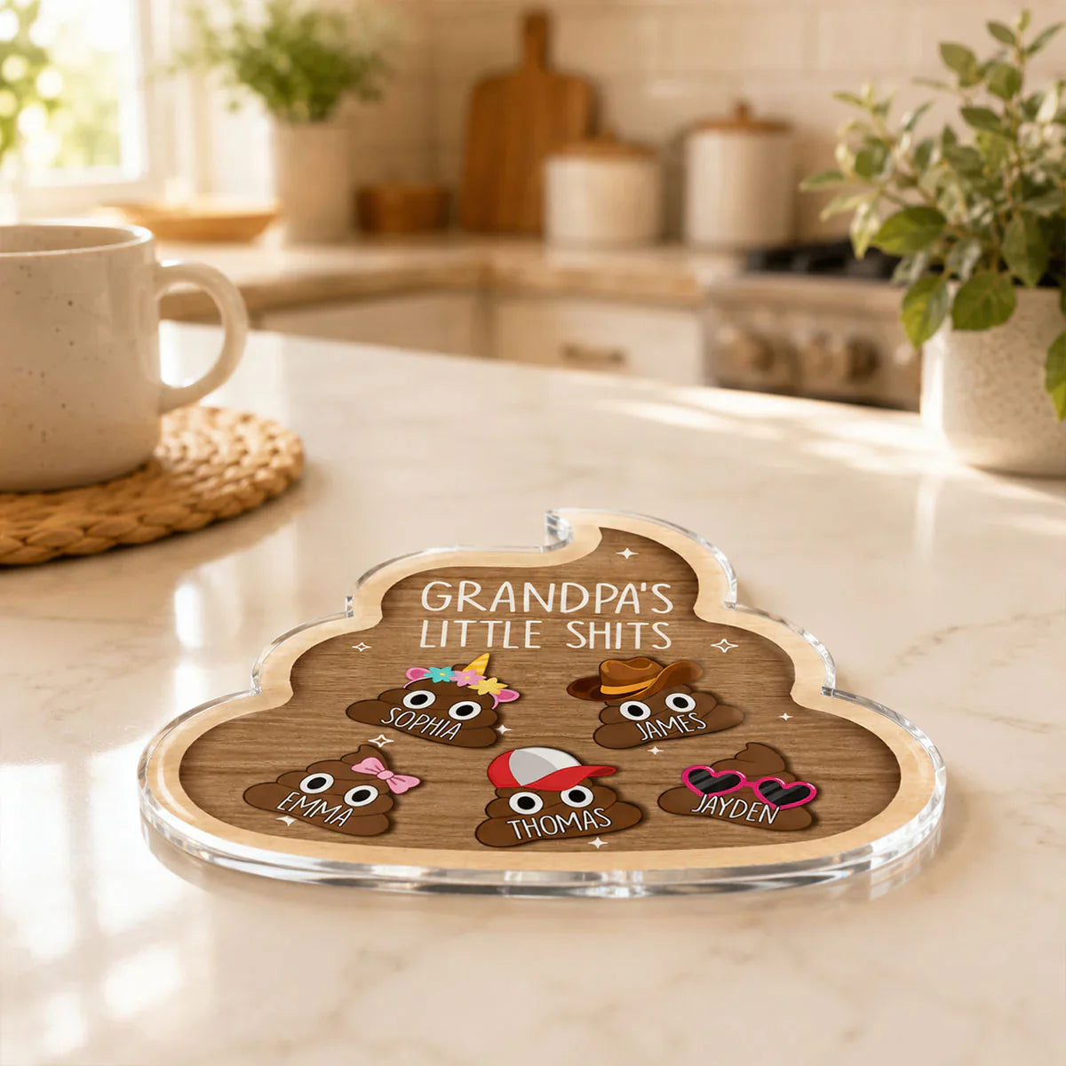 Personalized Acrylic Fridge Magnet With Cute Cartoon Poop Characters, Unique Gift For Grandpa's Kitchen Laughs