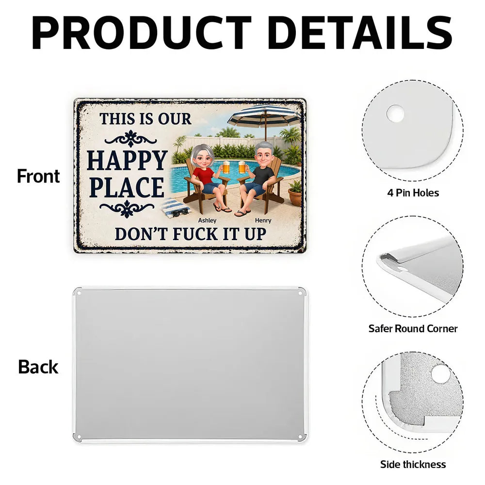 Custom Rectangular Iron Sign, Funny Happy Place Pool Scene, Creative Gift for Backyard Hosts