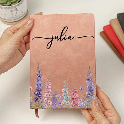 Custom Leather Journal for Her with Delicate Birth Flower Design – Personalized Writing Notebook, Meaningful Gift for Wife, Sister or Teen Girl