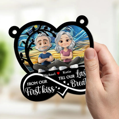 Personalized "First Kiss Till Last Breath" Couple Silhouette Heart Ornament | Custom Wood Acrylic Anniversary Gift