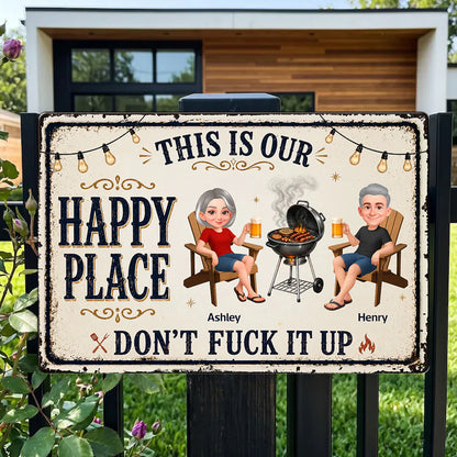 Custom Rectangular Iron Sign with Happy Place Quote, Backyard BBQ Scene, Creative Gift for Couples