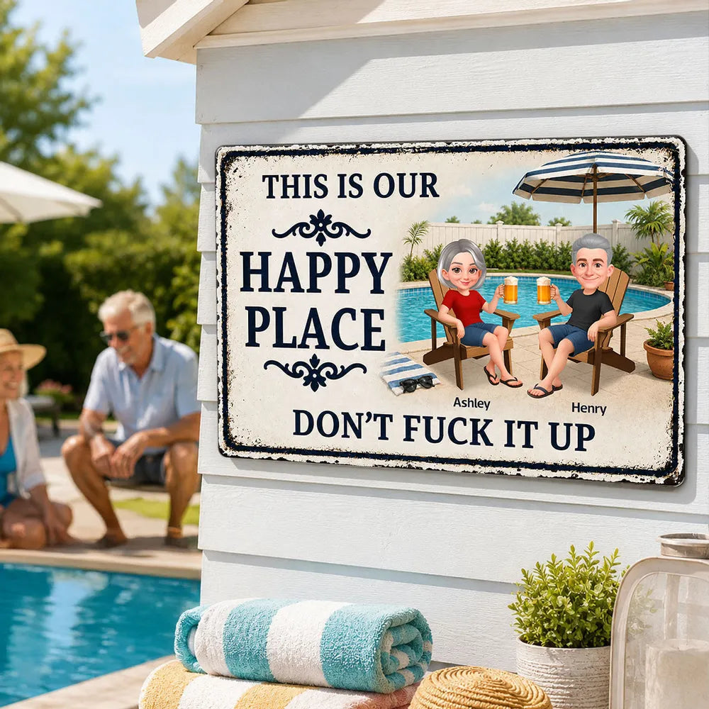 Custom Rectangular Iron Sign, Funny Happy Place Pool Scene, Creative Gift for Backyard Hosts