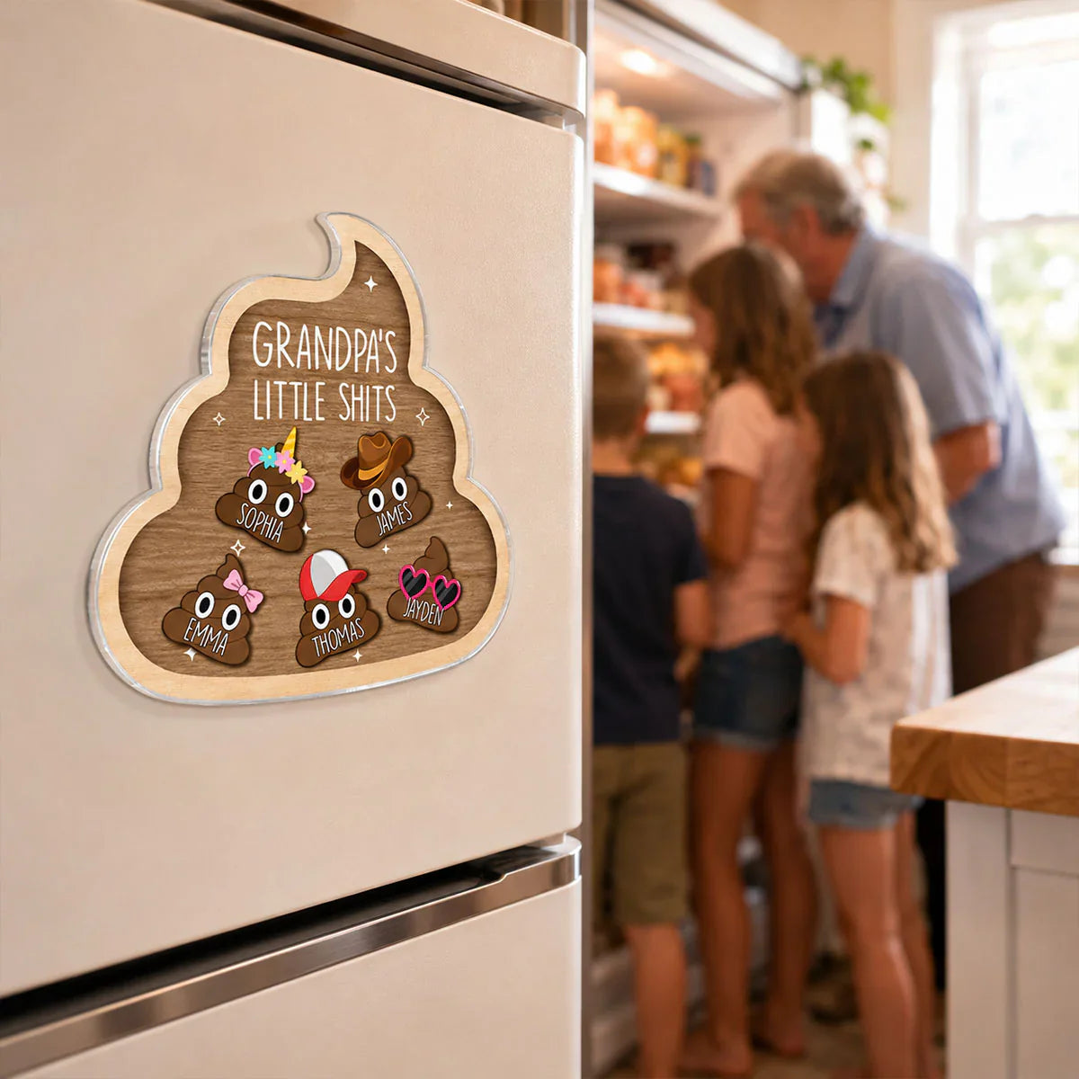 Personalized Acrylic Fridge Magnet With Cute Cartoon Poop Characters, Unique Gift For Grandpa's Kitchen Laughs