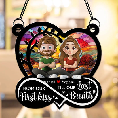 Personalized "First Kiss Till Last Breath" Couple Silhouette Heart Ornament | Custom Wood Acrylic Anniversary Gift