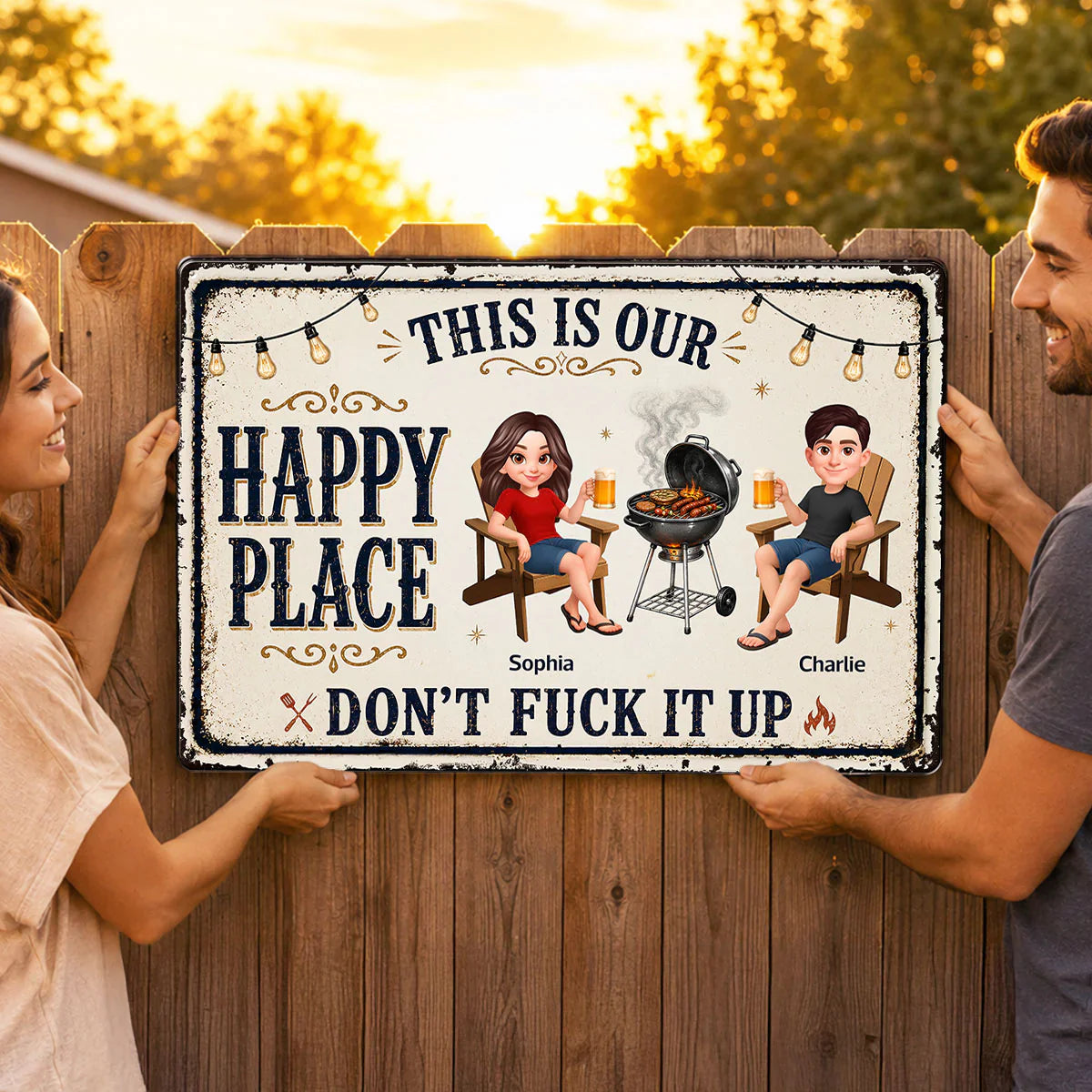 Custom Rectangular Iron Sign with Happy Place Quote, Backyard BBQ Scene, Creative Gift for Couples