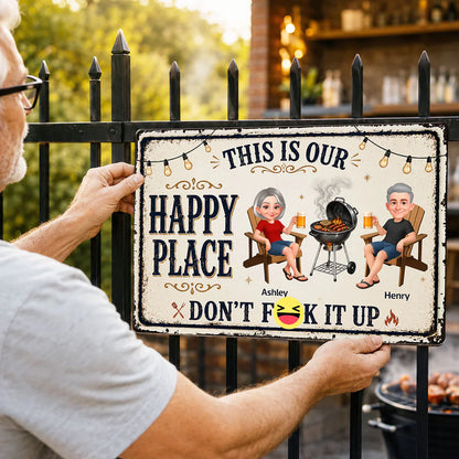 Custom Rectangular Iron Sign with Happy Place Quote, Backyard BBQ Scene, Creative Gift for Couples
