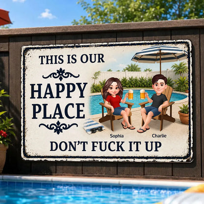 Custom Rectangular Iron Sign, Funny Happy Place Pool Scene, Creative Gift for Backyard Hosts