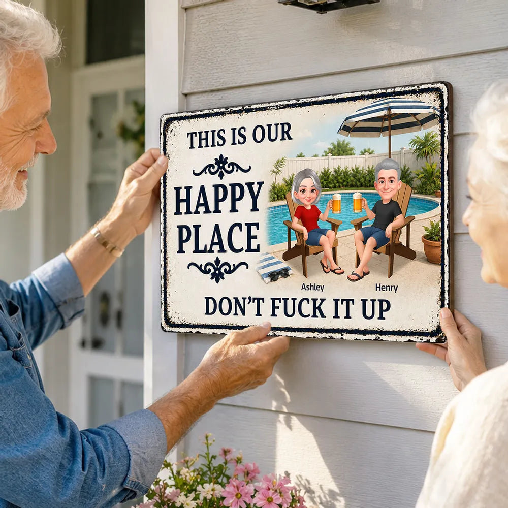 Custom Rectangular Iron Sign, Funny Happy Place Pool Scene, Creative Gift for Backyard Hosts
