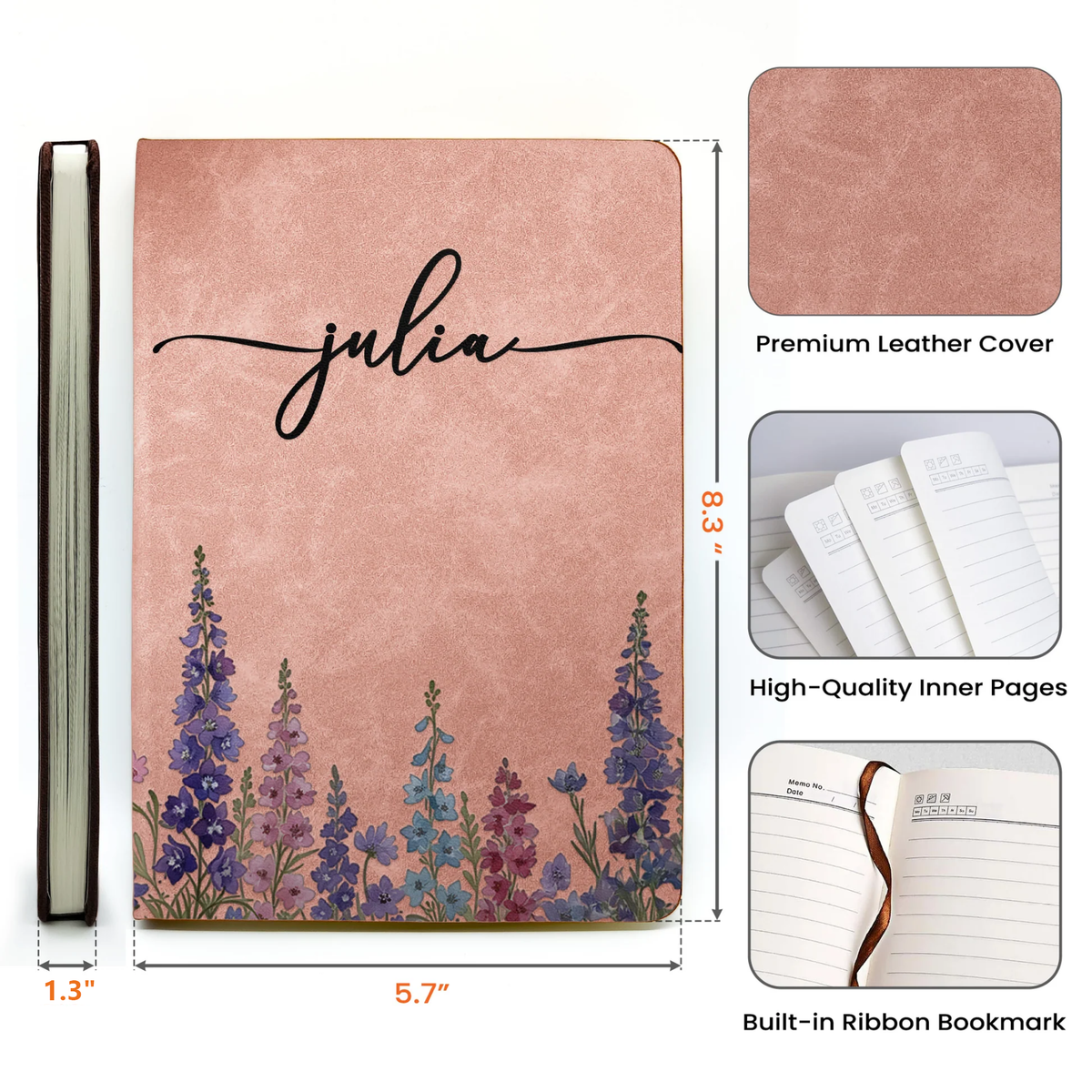 Custom Leather Journal for Her with Delicate Birth Flower Design – Personalized Writing Notebook, Meaningful Gift for Wife, Sister or Teen Girl