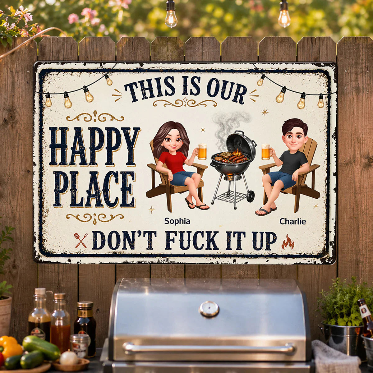 Custom Rectangular Iron Sign with Happy Place Quote, Backyard BBQ Scene, Creative Gift for Couples