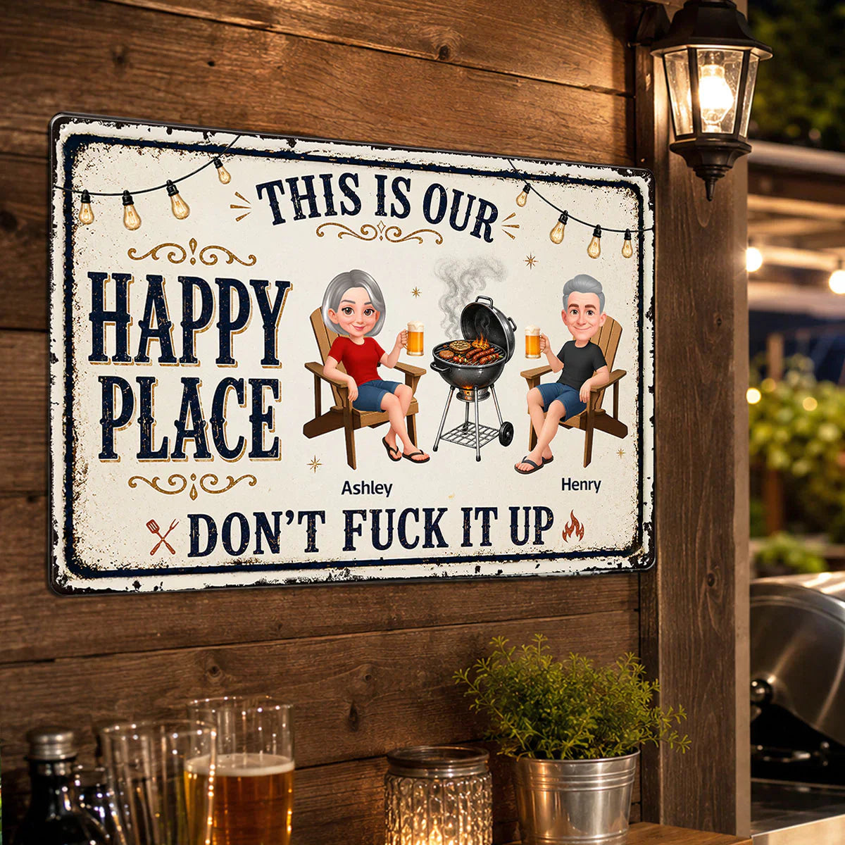 Custom Rectangular Iron Sign with Happy Place Quote, Backyard BBQ Scene, Creative Gift for Couples
